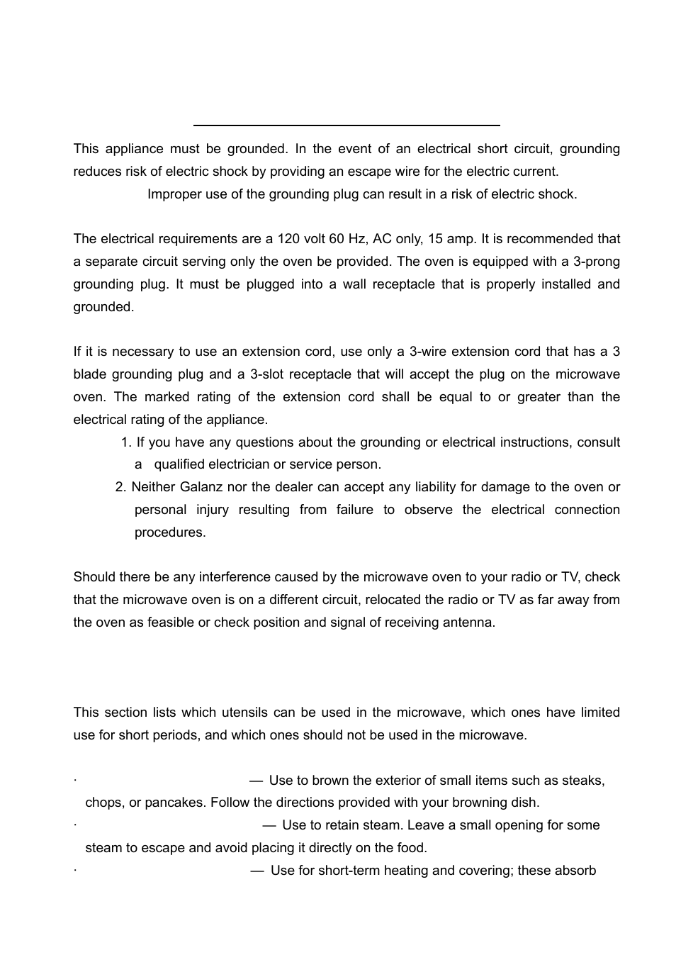 Grounding instructions, Utensils guide | Tappan TM7050S User Manual | Page 5 / 16