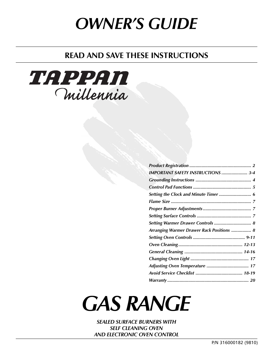 Tappan Millennia 316000182 User Manual | 20 pages