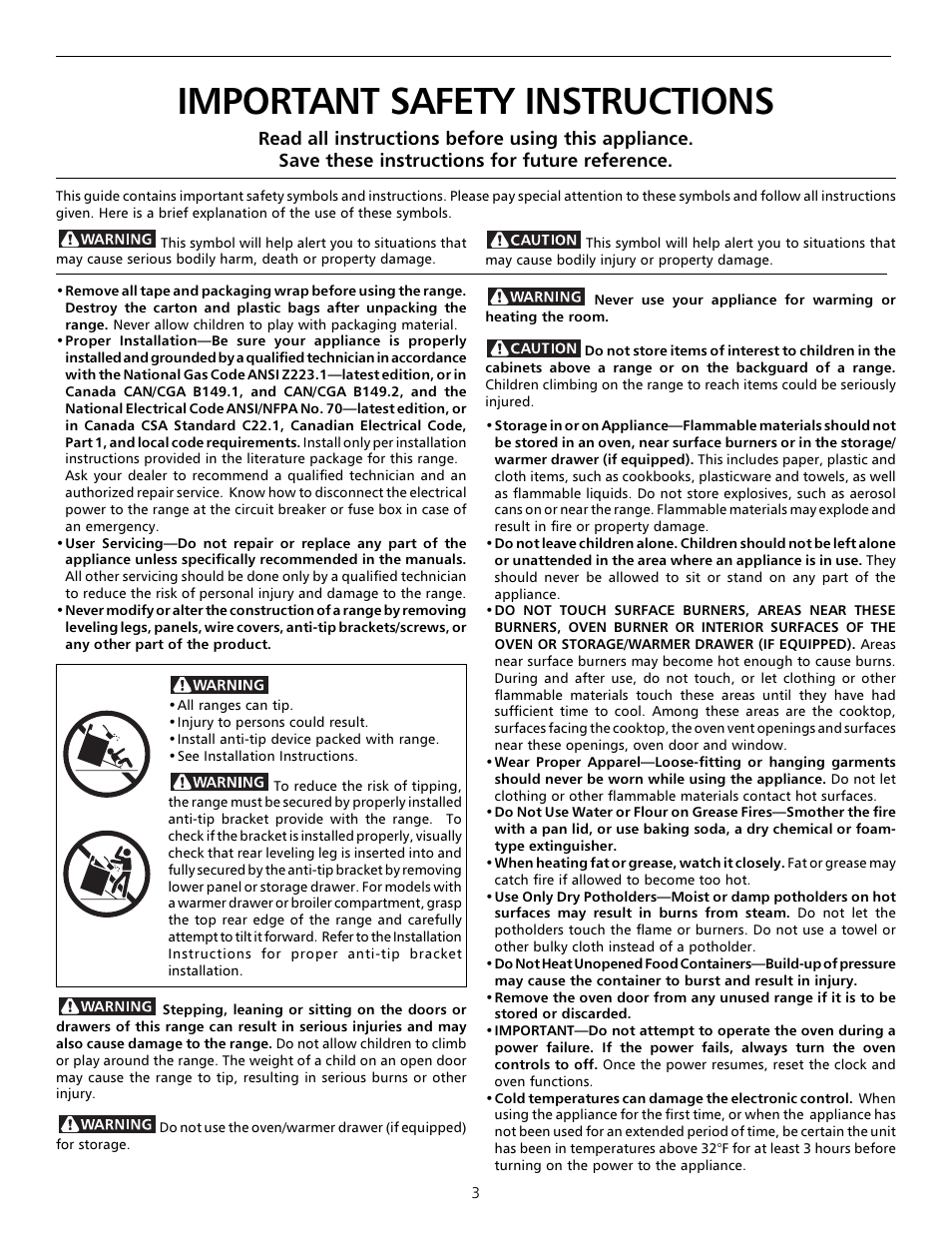 Important safety instructions, Important safety instructions -4 | Tappan Millennia 316000182 User Manual | Page 3 / 20