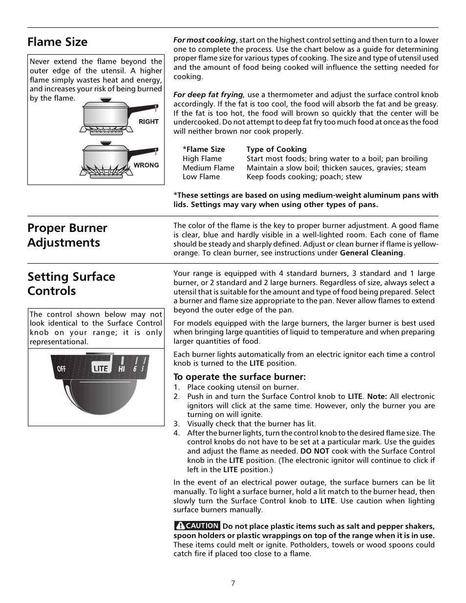 Flame size, Proper burner adjustments, Setting surface controls | Tappan Millennia 316000182 User Manual | Page 7 / 20