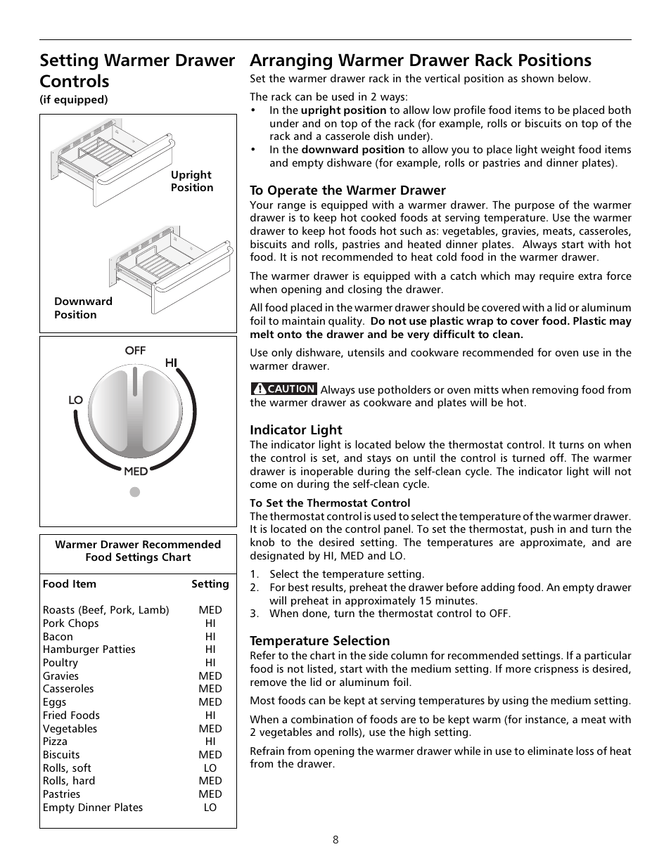 Setting warmer drawer controls, Arranging warmer drawer rack positions | Tappan Millennia 316000182 User Manual | Page 8 / 20