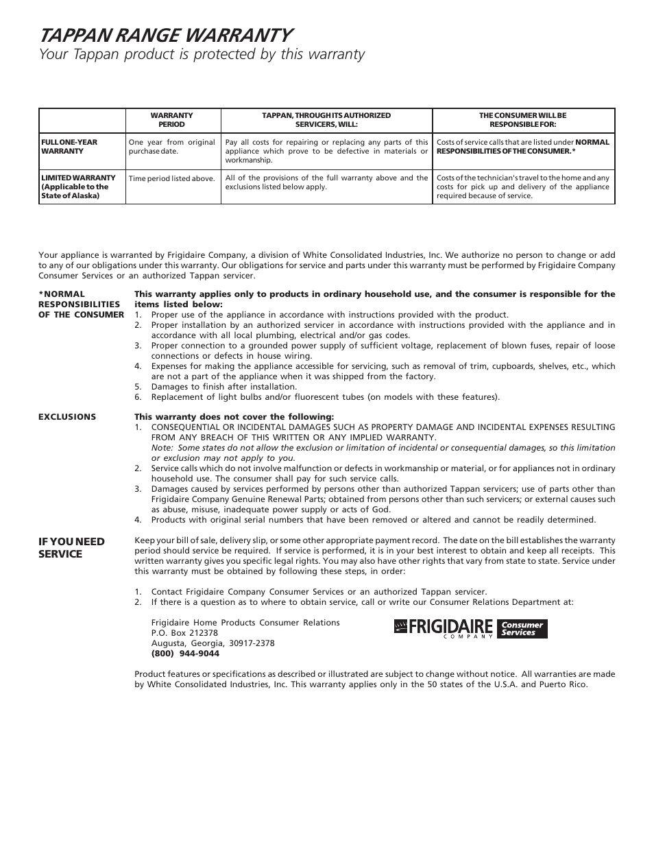 Tappan range warranty, Your tappan product is protected by this warranty | Tappan 318200701 User Manual | Page 16 / 16