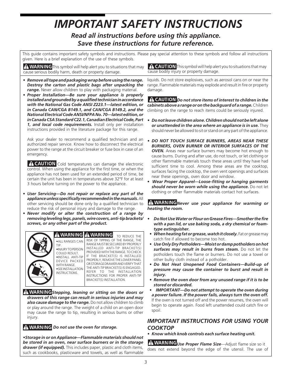 Important safety instructions, Important instructions for using your cooktop | Tappan 318200701 User Manual | Page 3 / 16