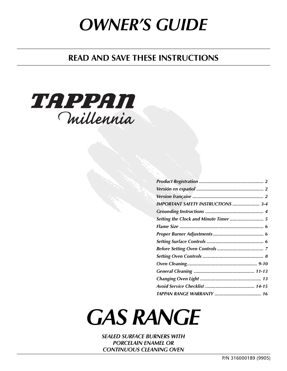 Tappan Millennia 316000189 User Manual | 16 pages
