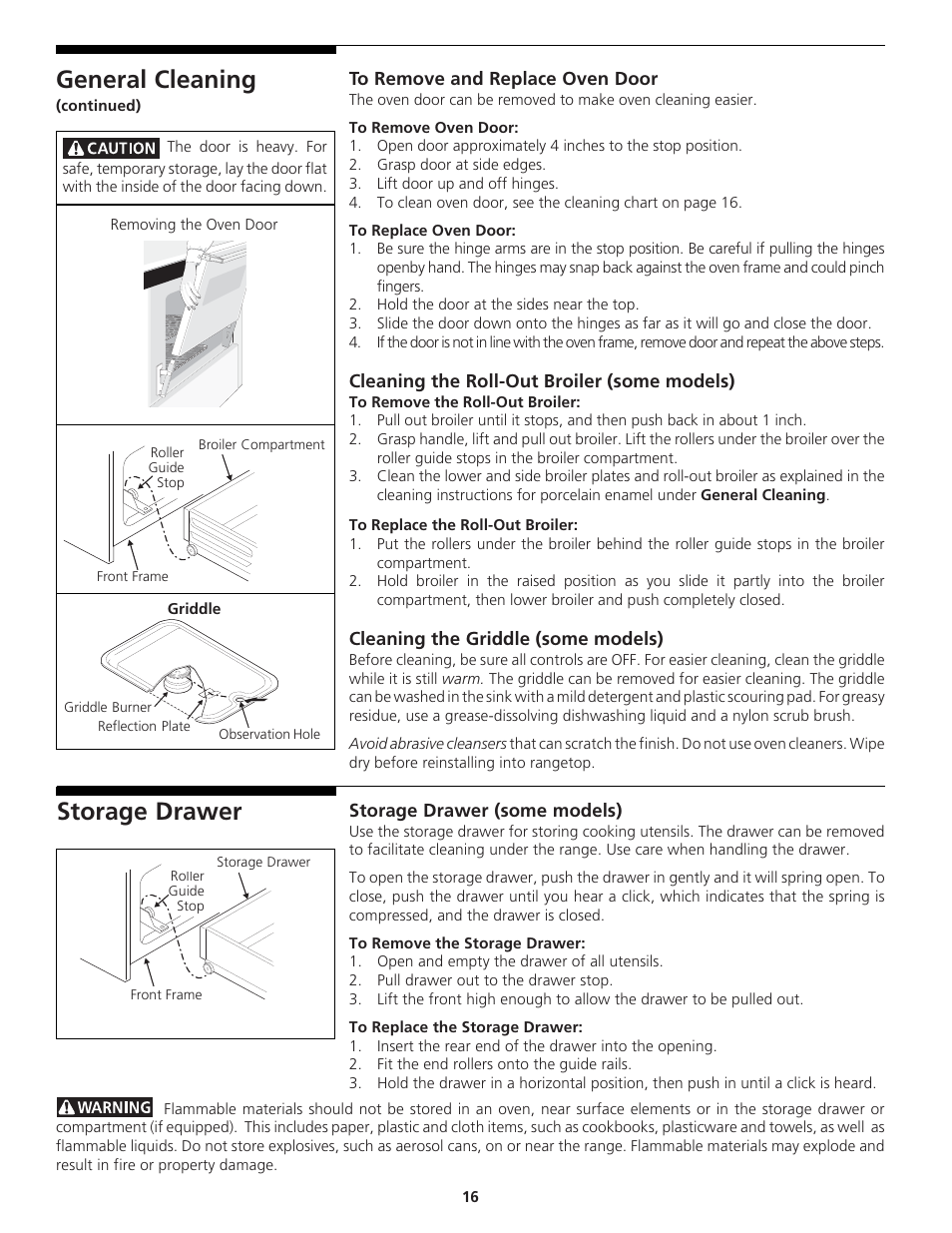 General cleaning, Storage drawer | Tappan 318200764 User Manual | Page 16 / 20