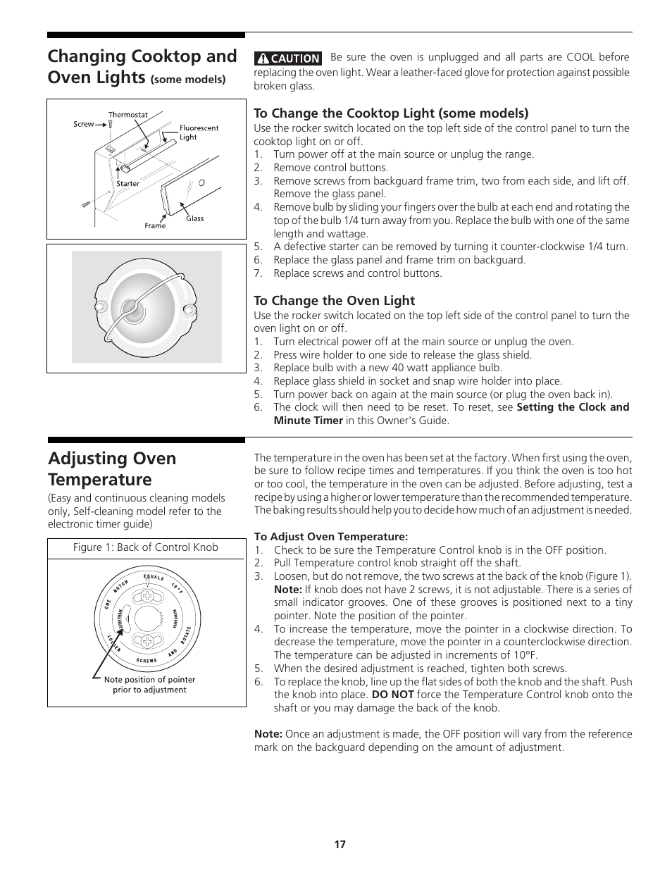 Adjusting oven temperature, Changing cooktop and oven lights | Tappan 318200764 User Manual | Page 17 / 20