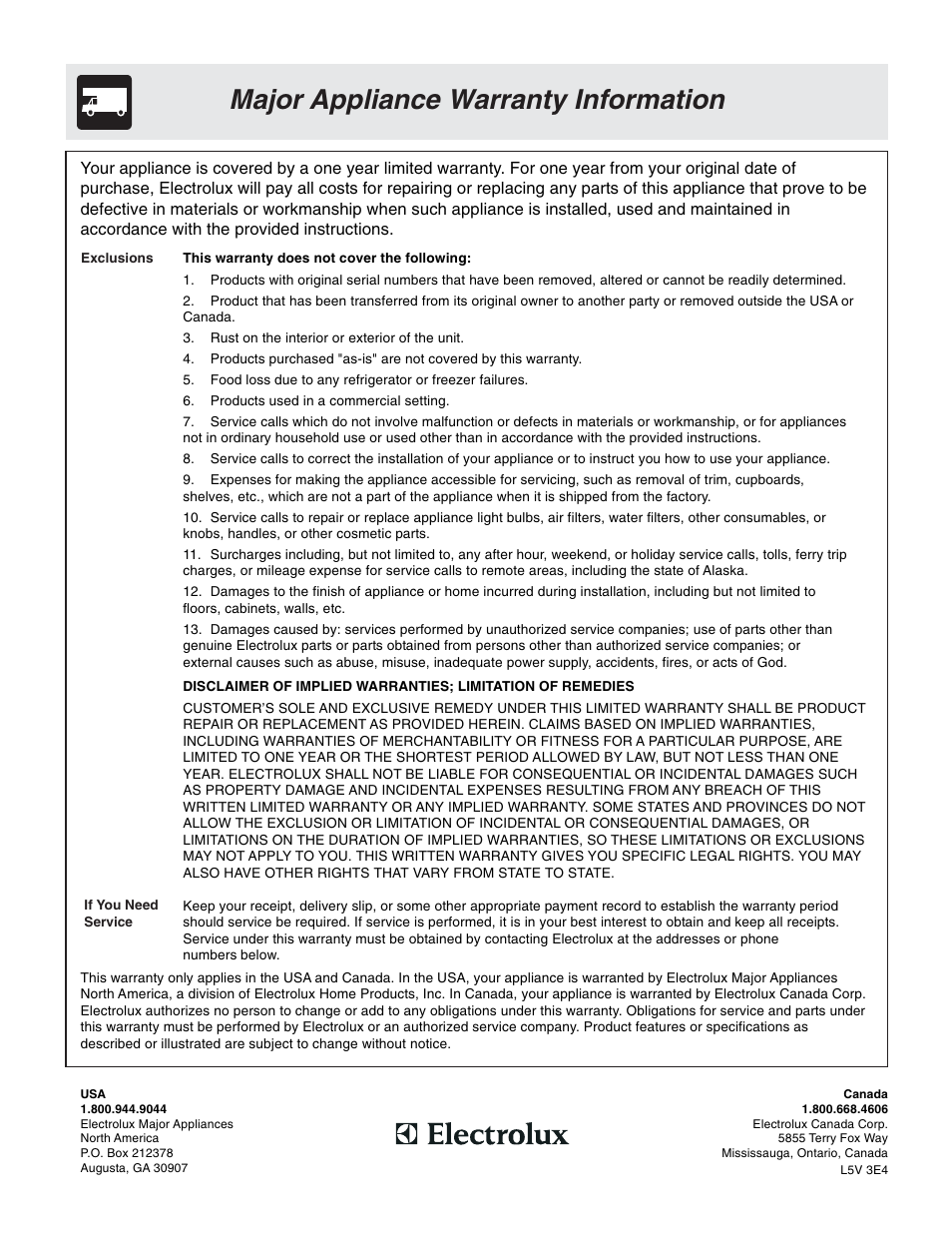 Major appliance warranty information | Tappan 318200764 User Manual | Page 20 / 20