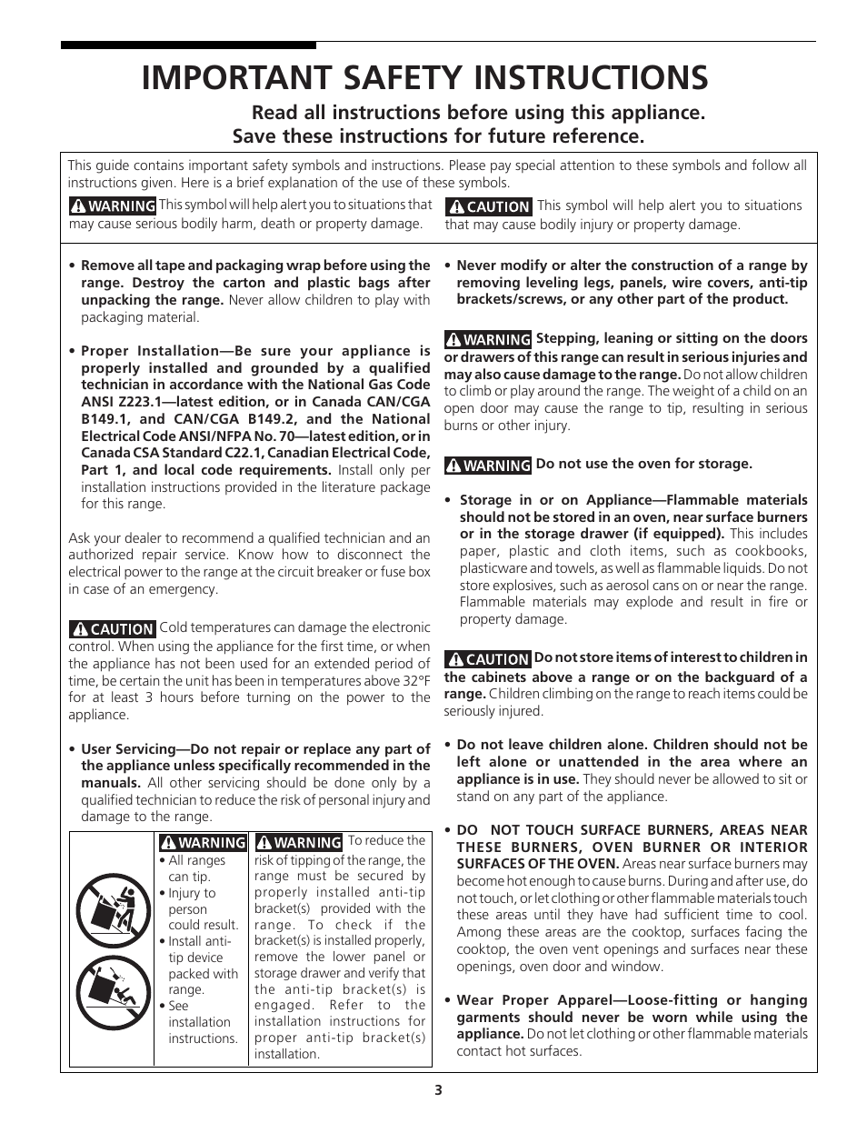 Important safety instructions | Tappan 318200764 User Manual | Page 3 / 20