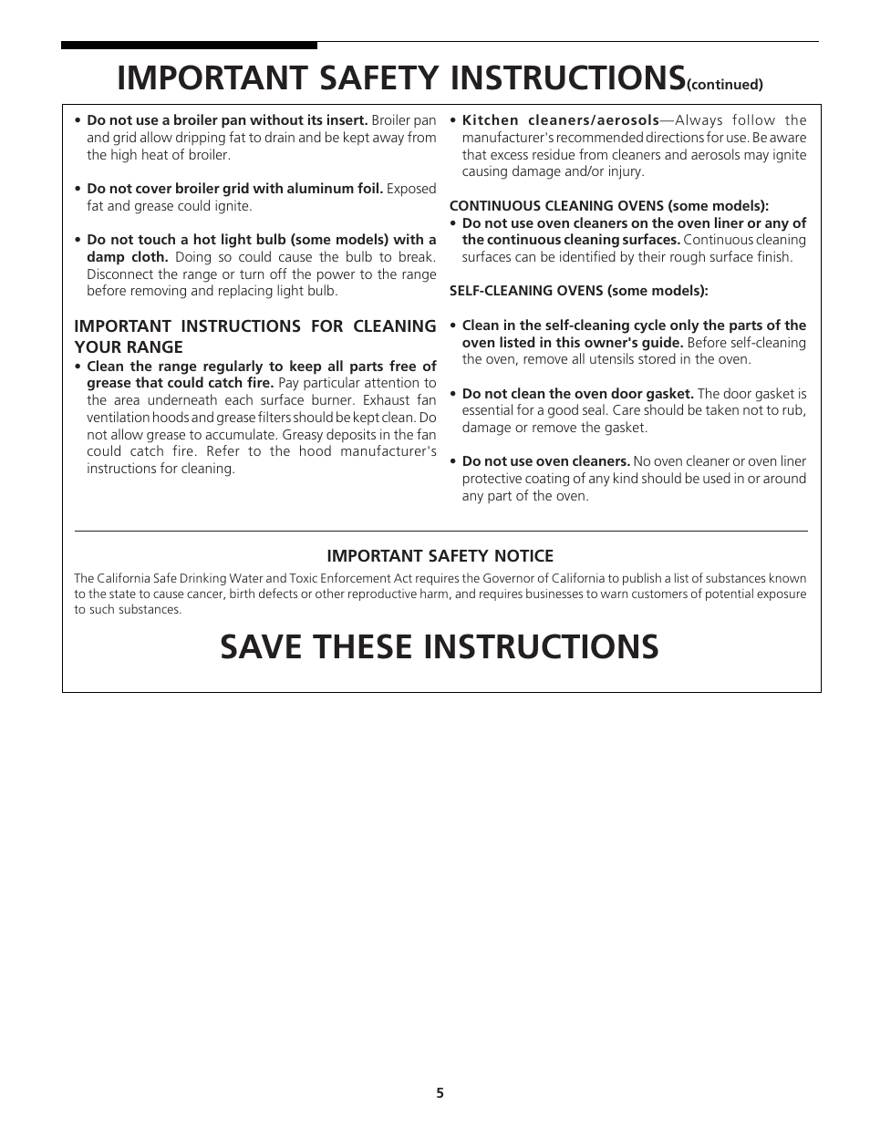Important safety instructions, Save these instructions | Tappan 318200764 User Manual | Page 5 / 20