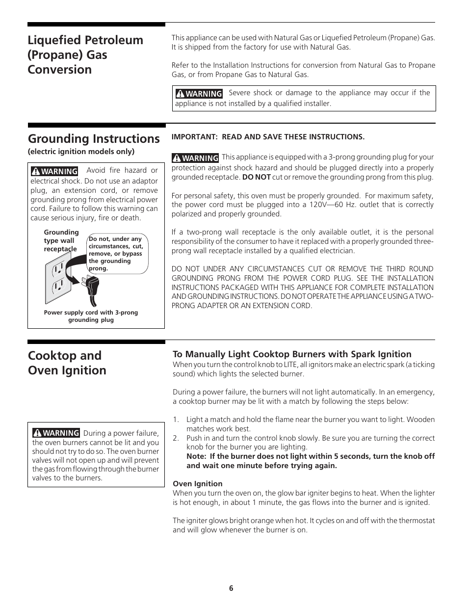 Cooktop and oven ignition, Liquefied petroleum (propane) gas conversion, Grounding instructions | Tappan 318200764 User Manual | Page 6 / 20