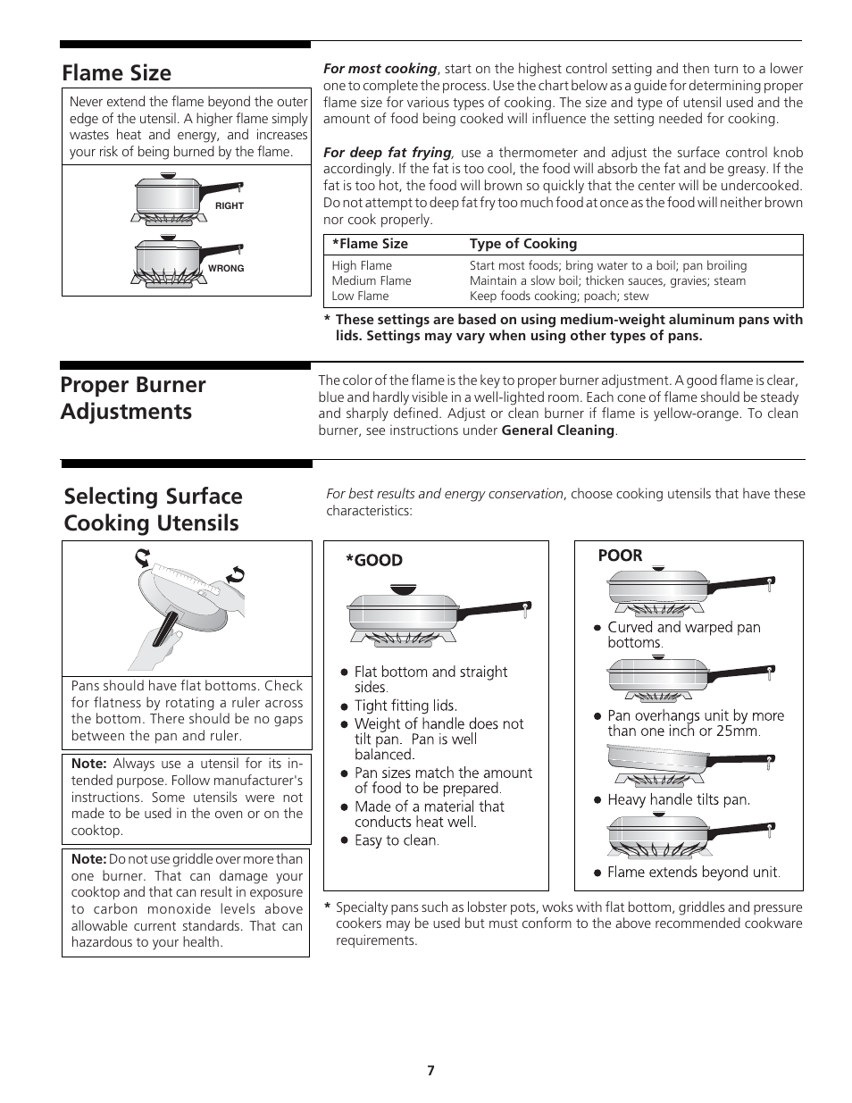 Flame size, Proper burner adjustments, Selecting surface cooking utensils | Tappan 318200764 User Manual | Page 7 / 20