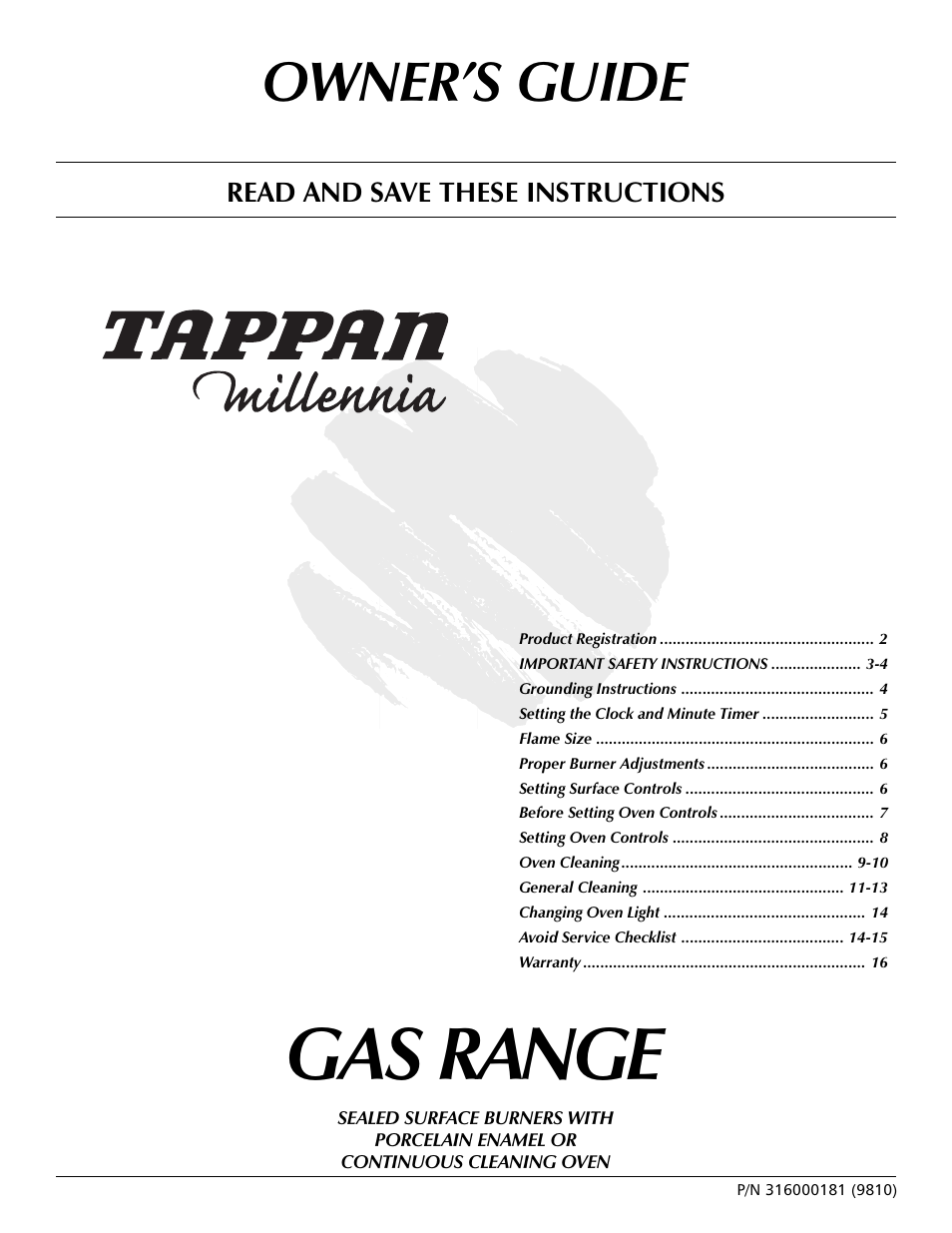 Tappan Millennia 316000181 User Manual | 16 pages