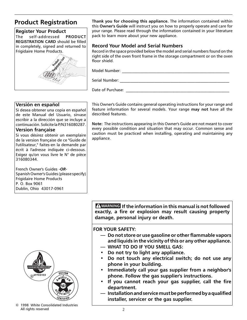 Product registration | Tappan Millennia 316000181 User Manual | Page 2 / 16