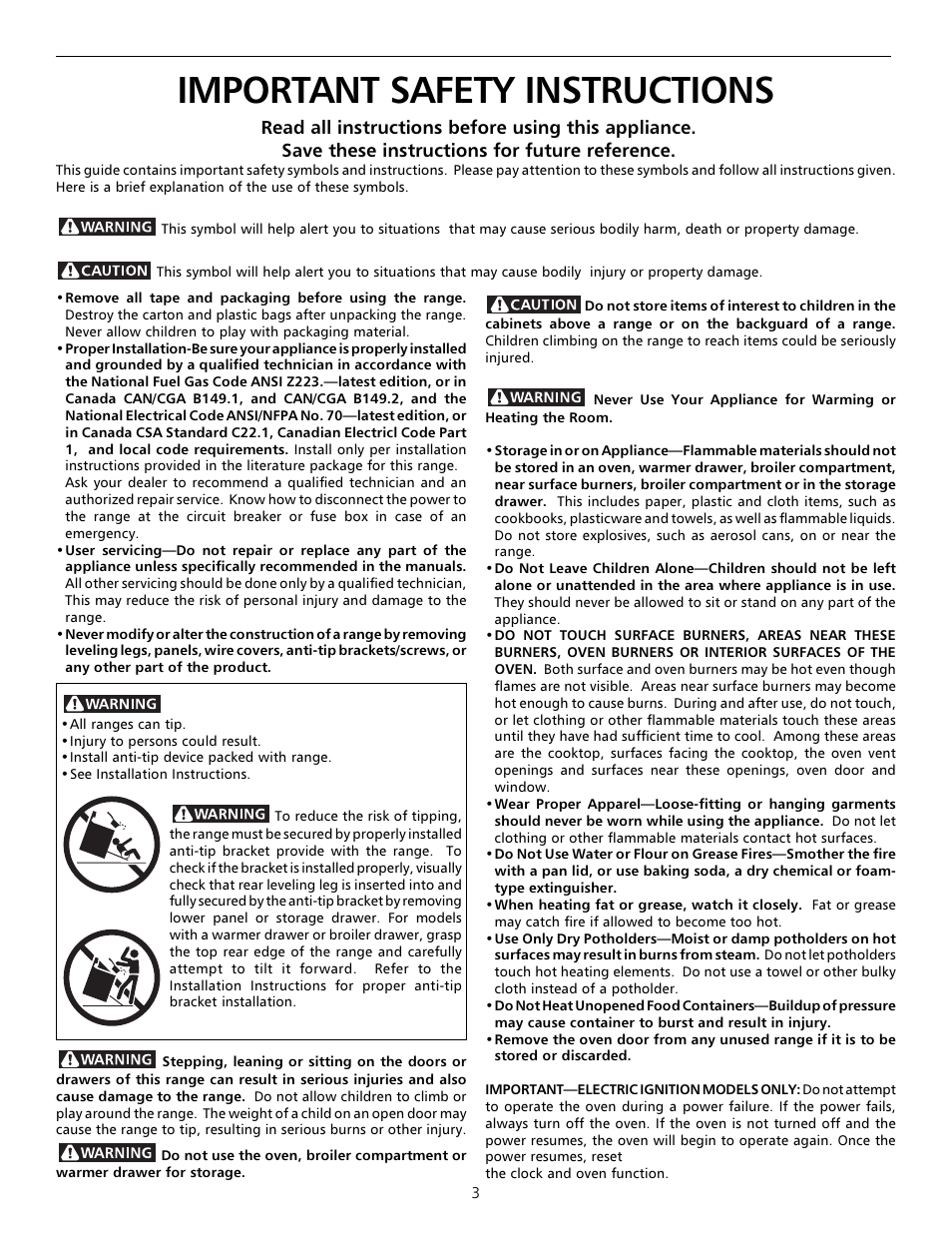 Important safety instructions | Tappan Millennia 316000181 User Manual | Page 3 / 16