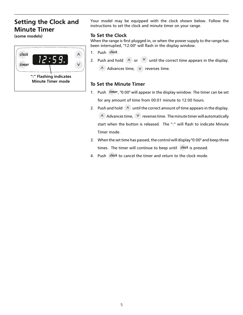 Setting the clock and minute timer | Tappan Millennia 316000181 User Manual | Page 5 / 16