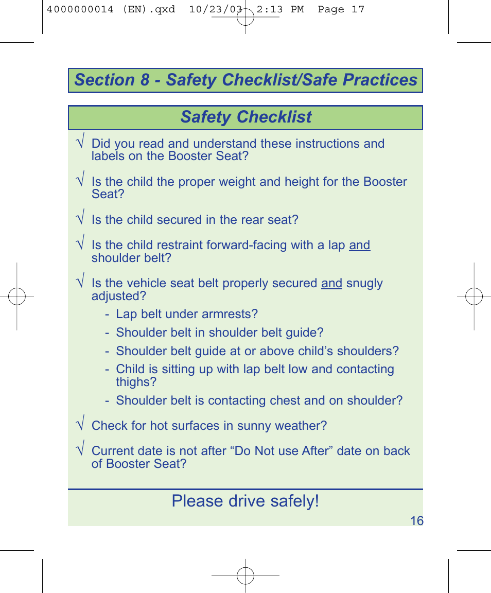 Please drive safely! safety checklist | The First Years B500 User Manual | Page 17 / 24