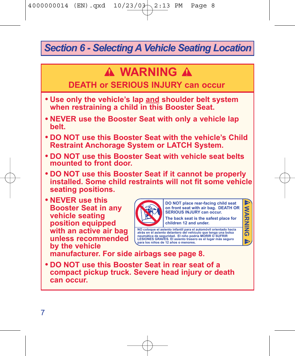 Warning, Death or serious injury can occur | The First Years B500 User Manual | Page 8 / 24