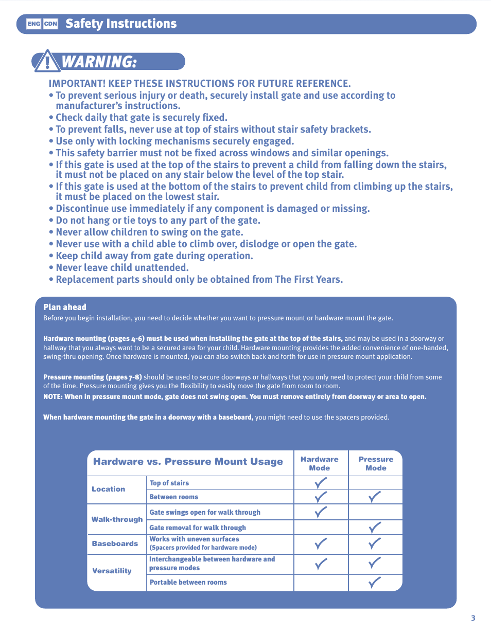 Warning, Safety instructions | The First Years Swing Gate User Manual | Page 3 / 8