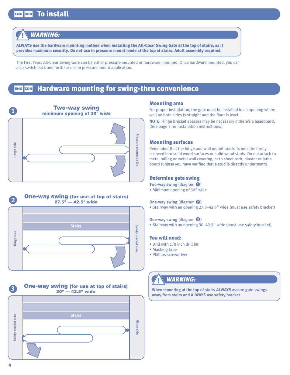 Hardware mounting for swing-thru convenience, Warning | The First Years Swing Gate User Manual | Page 4 / 8