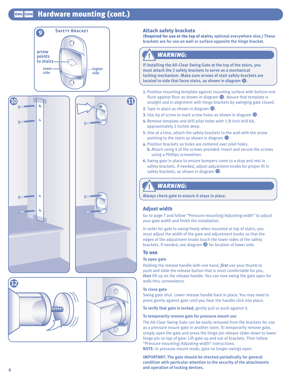 Hardware mounting (cont.), Warning | The First Years Swing Gate User Manual | Page 6 / 8