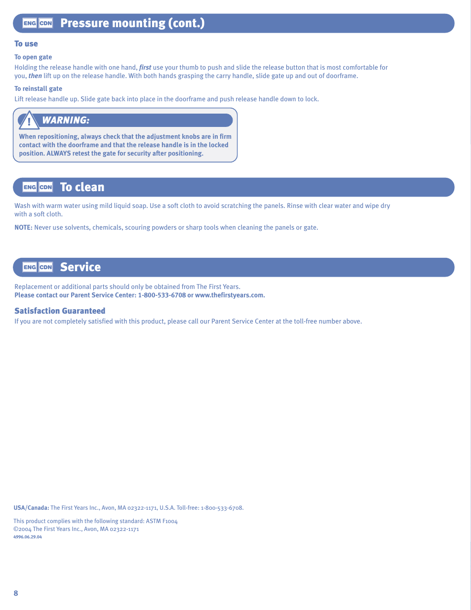 Pressure mounting (cont.), Service, Warning | The First Years Swing Gate User Manual | Page 8 / 8