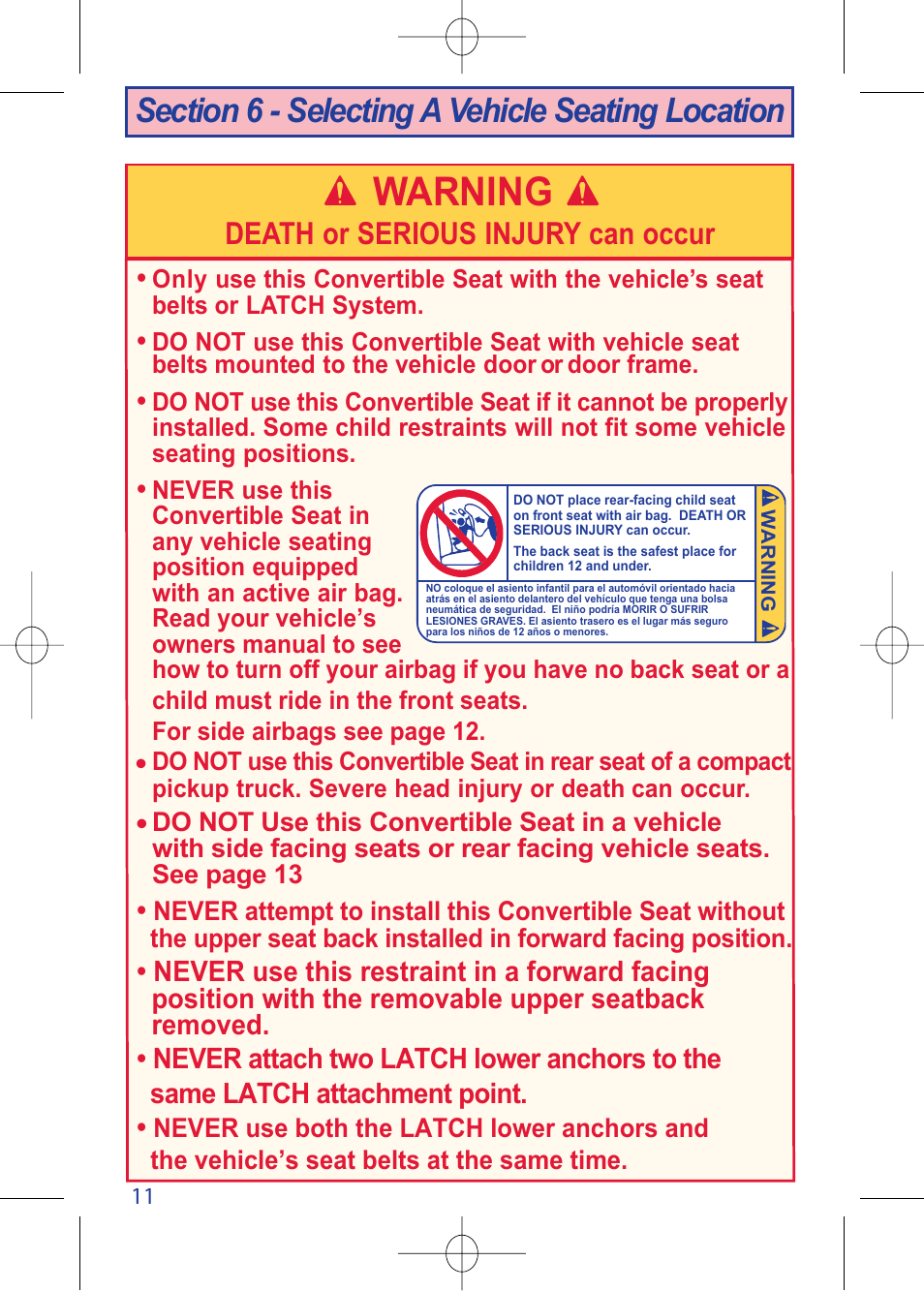 C630 pg 11b.pdf, W arning, Death or serious injury can occur | The First Years TRUE FIT 630 User Manual | Page 12 / 54
