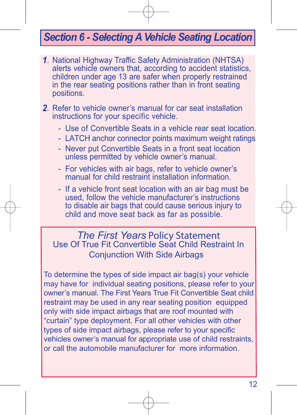 C630 pg 12b.pdf, The first years policy statement | The First Years TRUE FIT 630 User Manual | Page 13 / 54