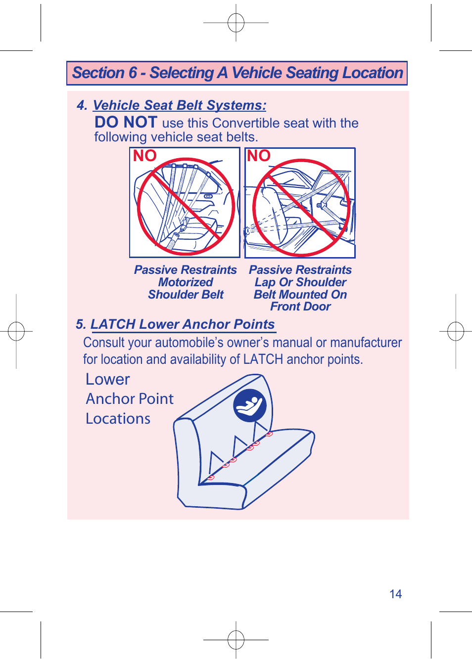 C630 pg 14.pdf, No do not, Lower anchor point locations | The First Years TRUE FIT 630 User Manual | Page 15 / 54