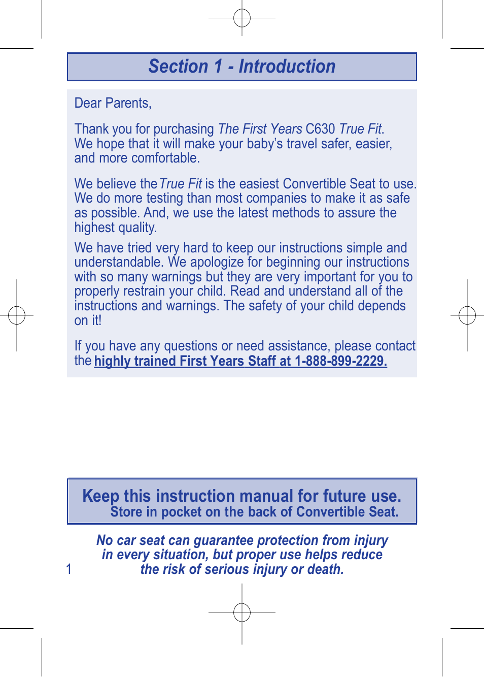 C630 pg 1.pdf, Keep this instruction manual for future use | The First Years TRUE FIT 630 User Manual | Page 2 / 54