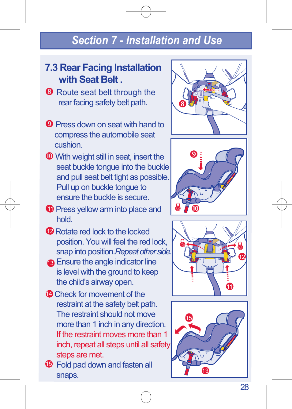 C630 pg 28.pdf, 3 rear facing installation with seat belt | The First Years TRUE FIT 630 User Manual | Page 29 / 54