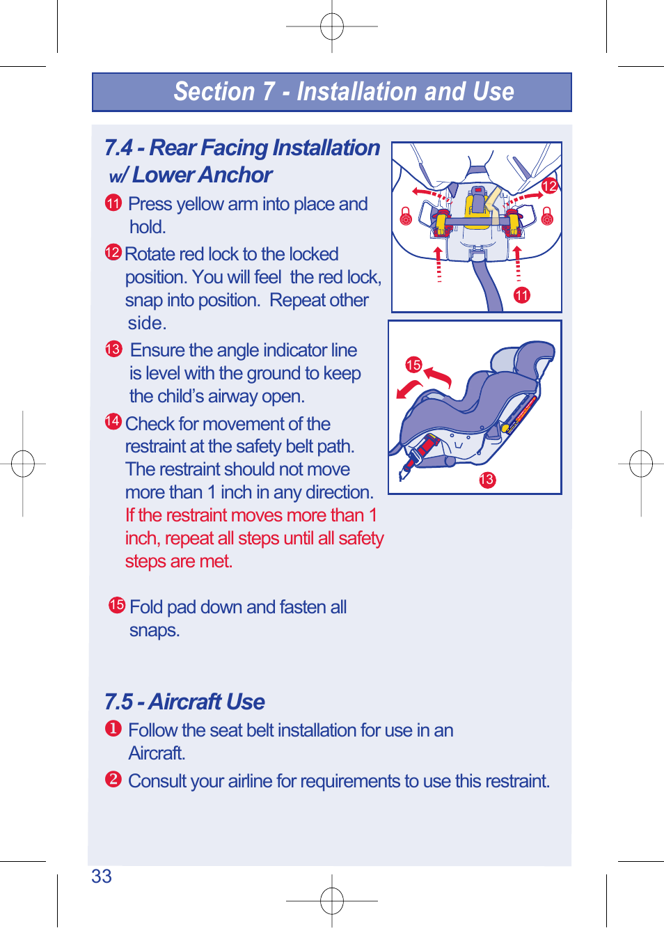 C630 pg 33.pdf, 4 - rear facing installation, Lower anchor | 5 - aircraft use | The First Years TRUE FIT 630 User Manual | Page 34 / 54