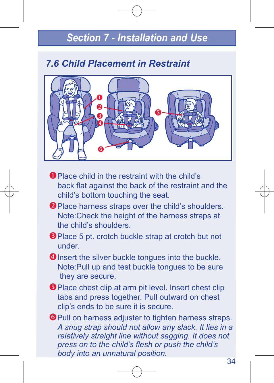 C630 pg 34.pdf, 6 child placement in restraint | The First Years TRUE FIT 630 User Manual | Page 35 / 54