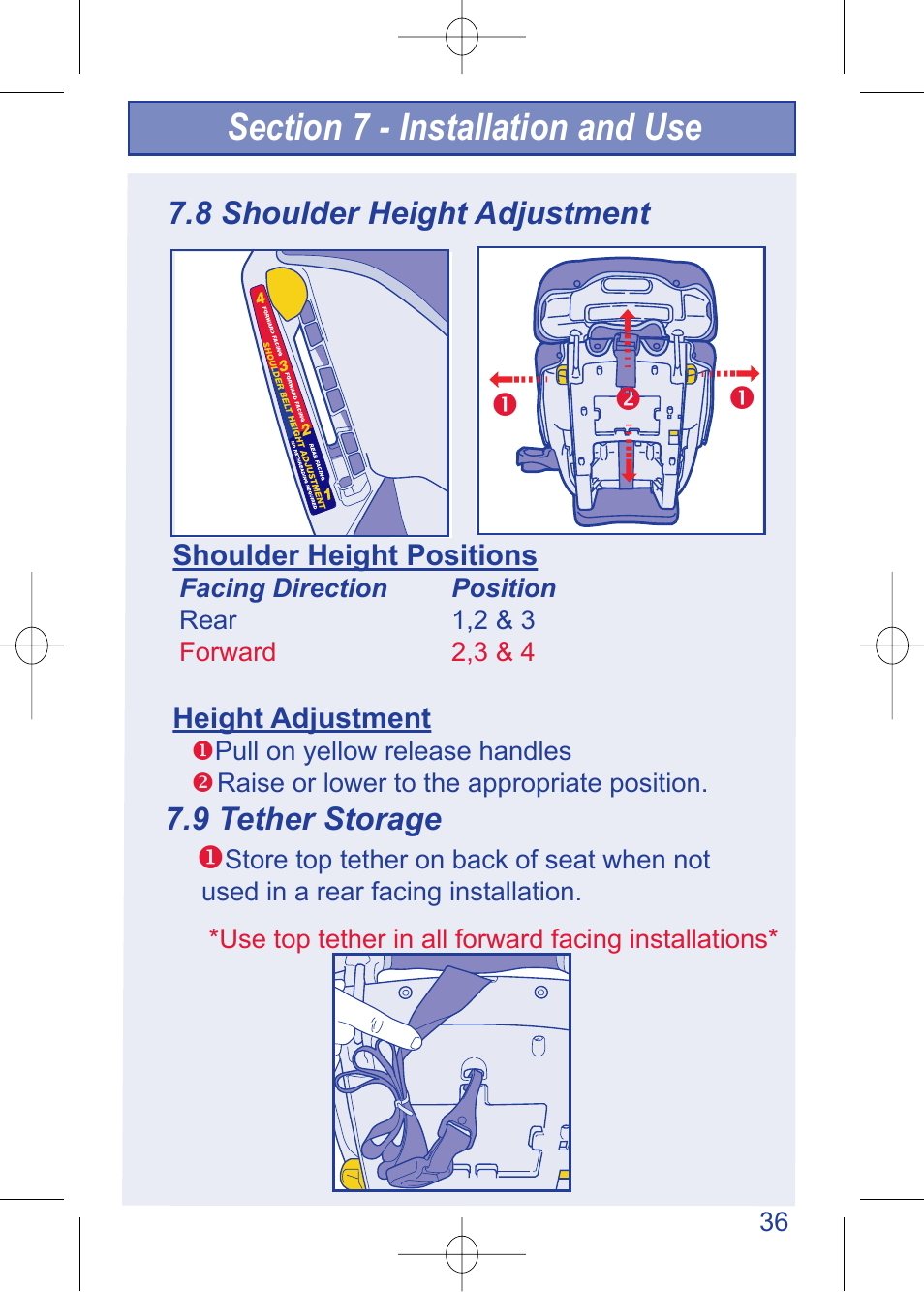 C630 pg 36.pdf, 8 shoulder height adjustment, 9 tether storage | The First Years TRUE FIT 630 User Manual | Page 37 / 54