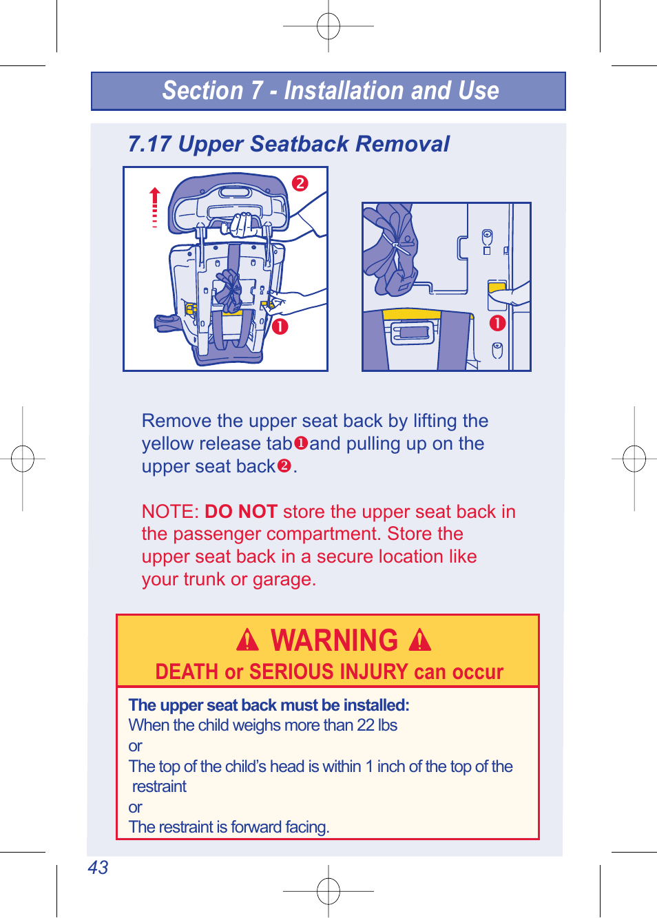 C630 pg 43.pdf, Warning, 17 upper seatback removal | The First Years TRUE FIT 630 User Manual | Page 44 / 54