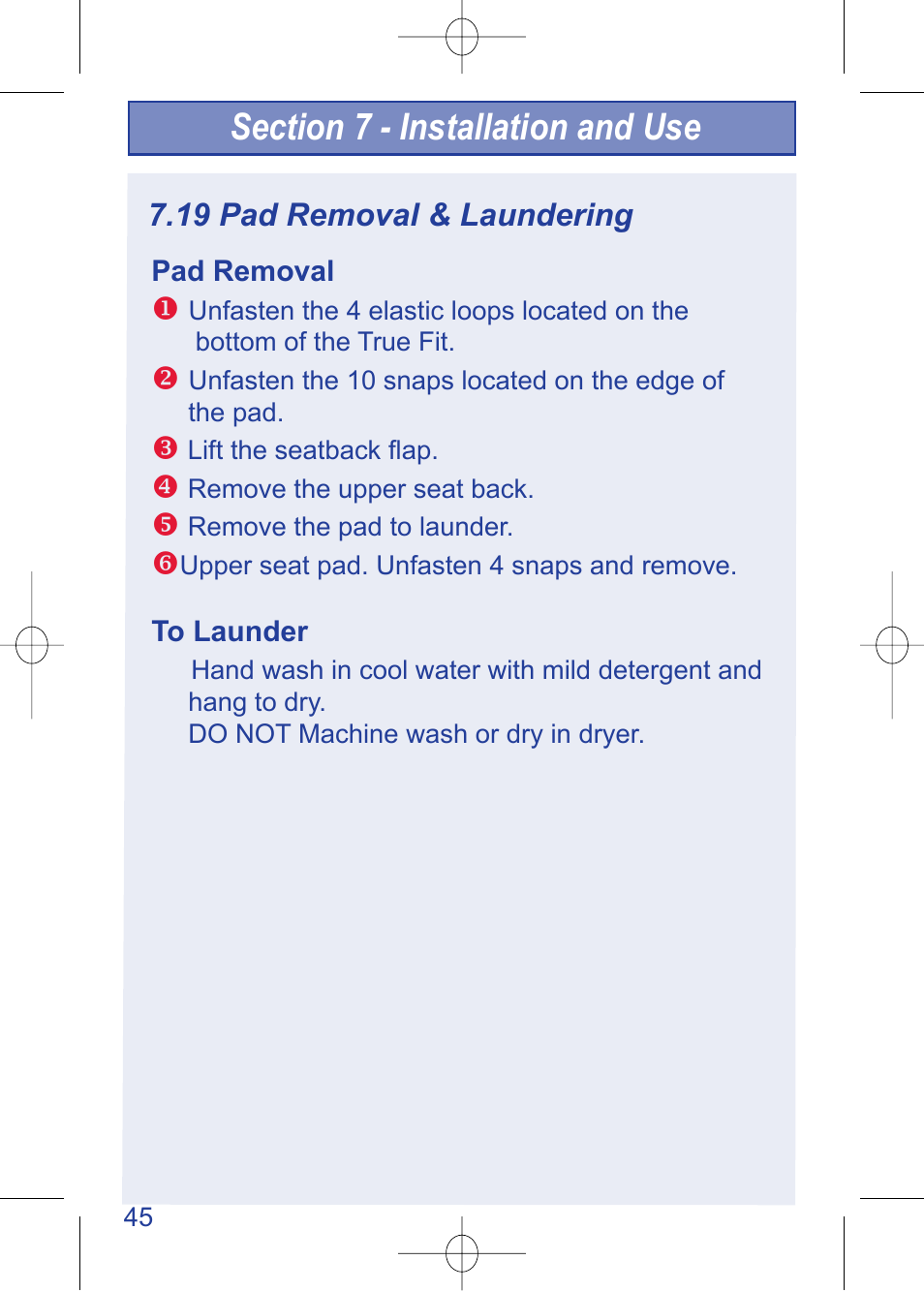 C630 pg 45.pdf, 19 pad removal & laundering | The First Years TRUE FIT 630 User Manual | Page 46 / 54
