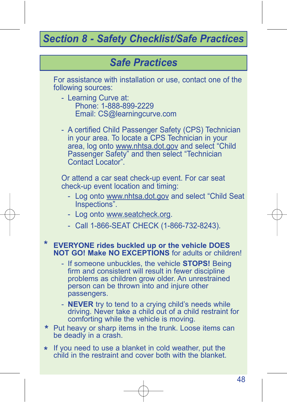 C630 pg 48.pdf, Safe practices | The First Years TRUE FIT 630 User Manual | Page 49 / 54