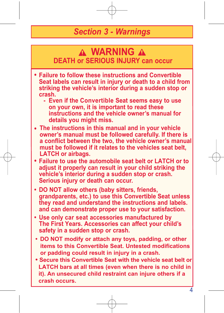 C630 pg 4.pdf, W arning, Death or serious injury can occur | The First Years TRUE FIT 630 User Manual | Page 5 / 54