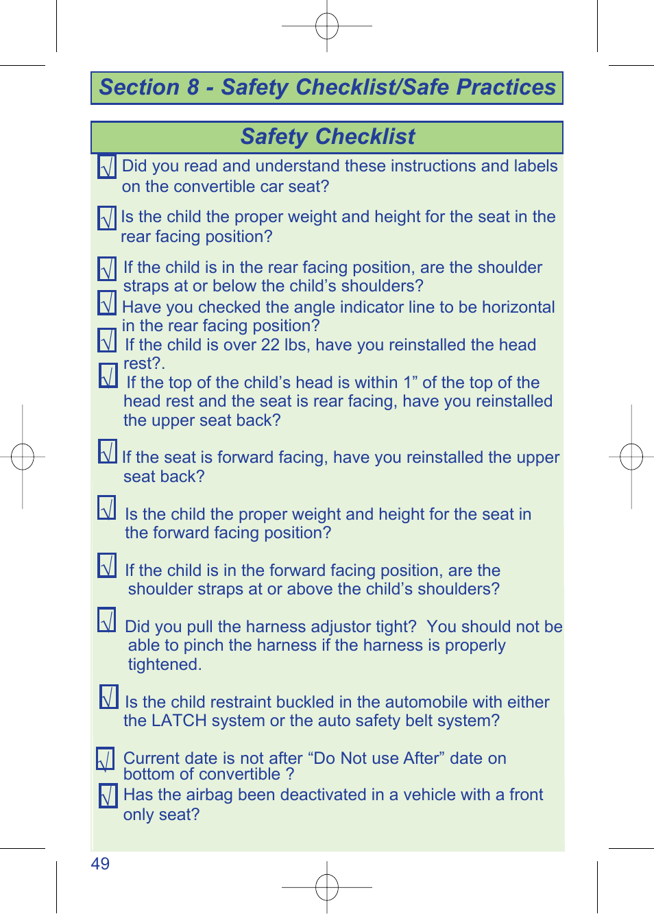 C630 pg 49.pdf, Safety checklist | The First Years TRUE FIT 630 User Manual | Page 50 / 54