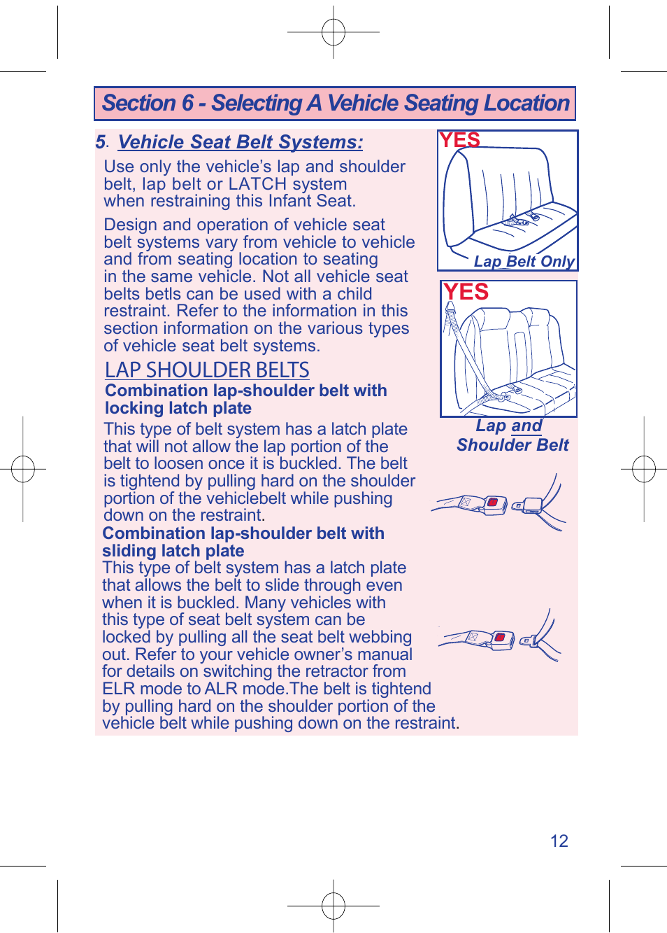 4000000782_i450 instructions__pg12_en.pdf, Lap shoulder belts, Vehicle seat belt systems | The First Years VIA 1450 User Manual | Page 13 / 40