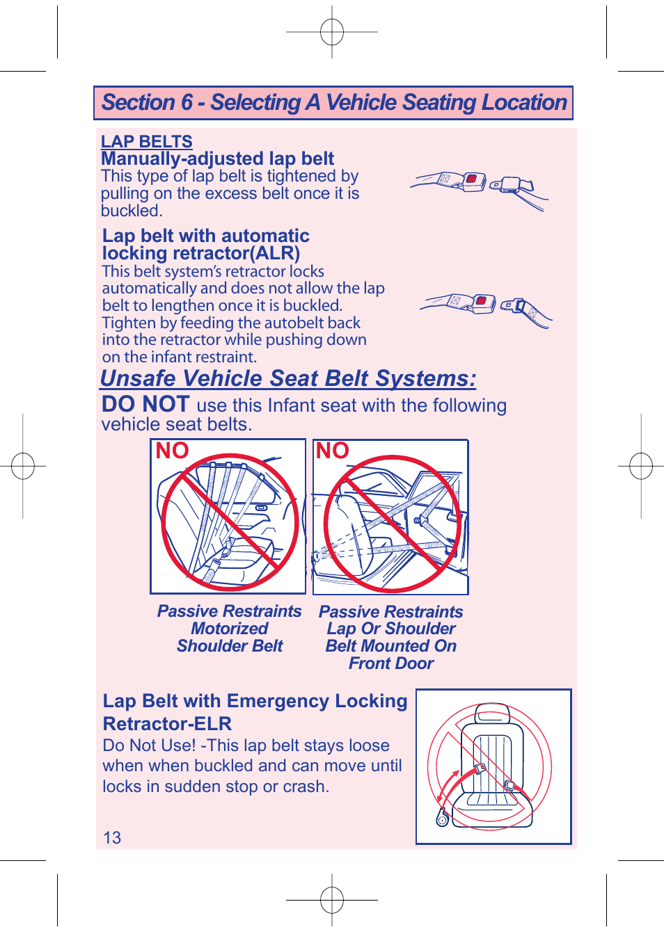 4000000782_i450 instructions__pg13_en.pdf, Unsafe vehicle seat belt systems, No do not | Manually-adjusted lap belt, Lap belt with automatic locking retractor(alr) | The First Years VIA 1450 User Manual | Page 14 / 40