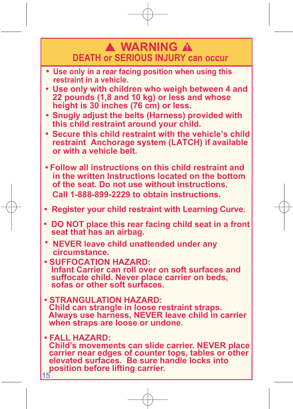 4000000782_i450 instructions__pg15_en.pdf, W arning, Death or serious injury can occur | The First Years VIA 1450 User Manual | Page 16 / 40