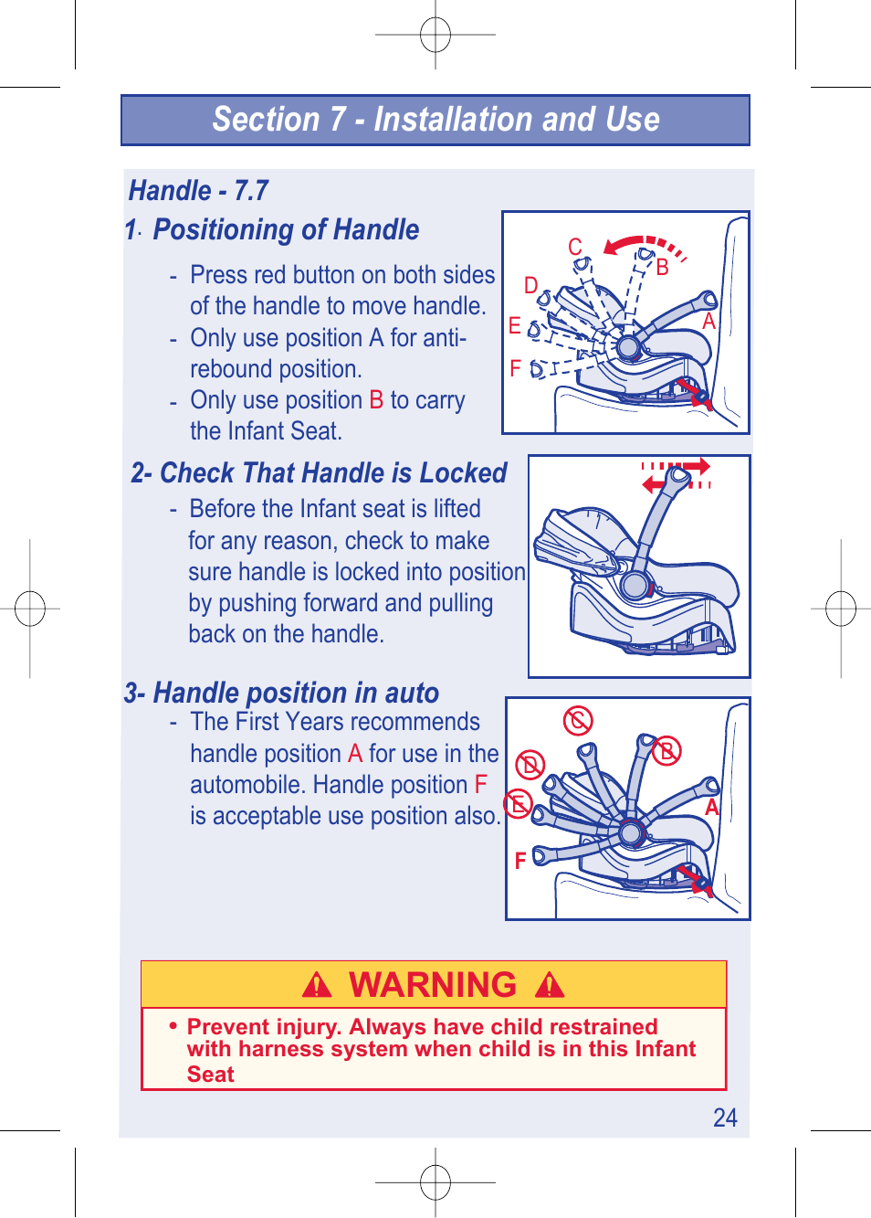 4000000782_i450 instructions__pg24_en.pdf, Warning | The First Years VIA 1450 User Manual | Page 25 / 40