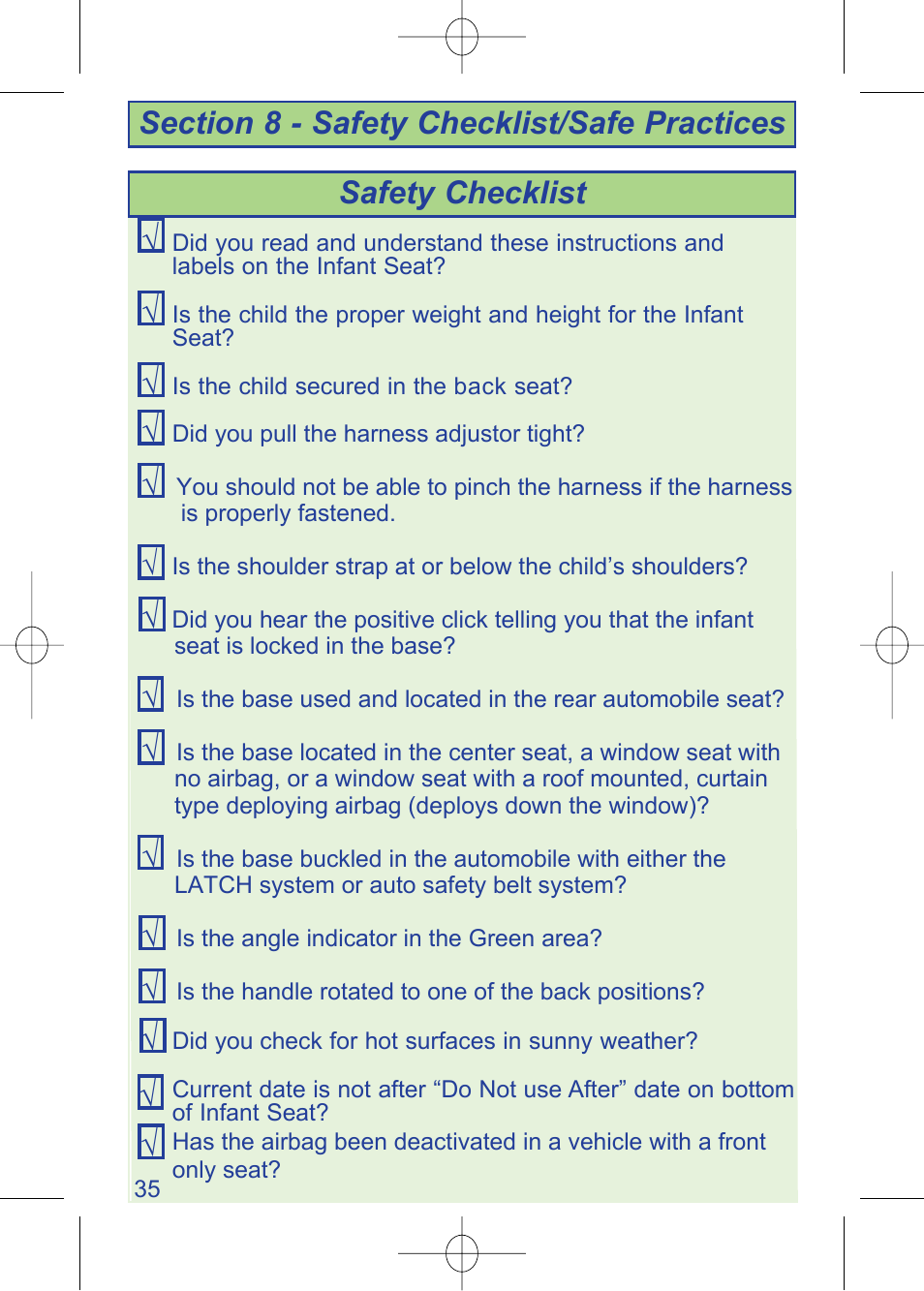 4000000782_i450 instructions__pg35_en.pdf, Safety checklist | The First Years VIA 1450 User Manual | Page 36 / 40