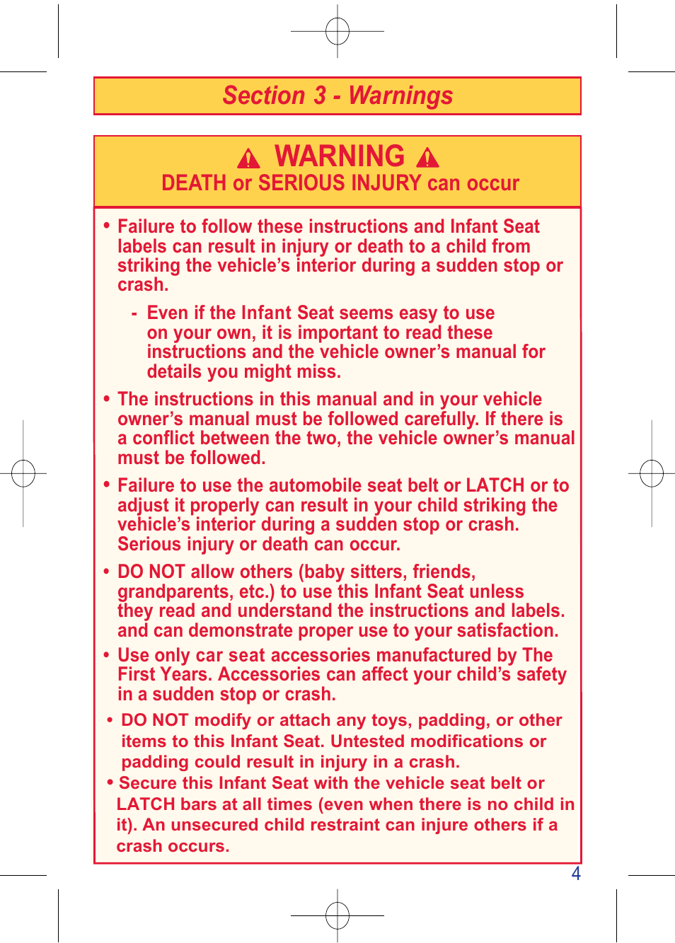 4000000782_i450 instructions__pg4_en.pdf, W arning, Death or serious injury can occur | The First Years VIA 1450 User Manual | Page 5 / 40