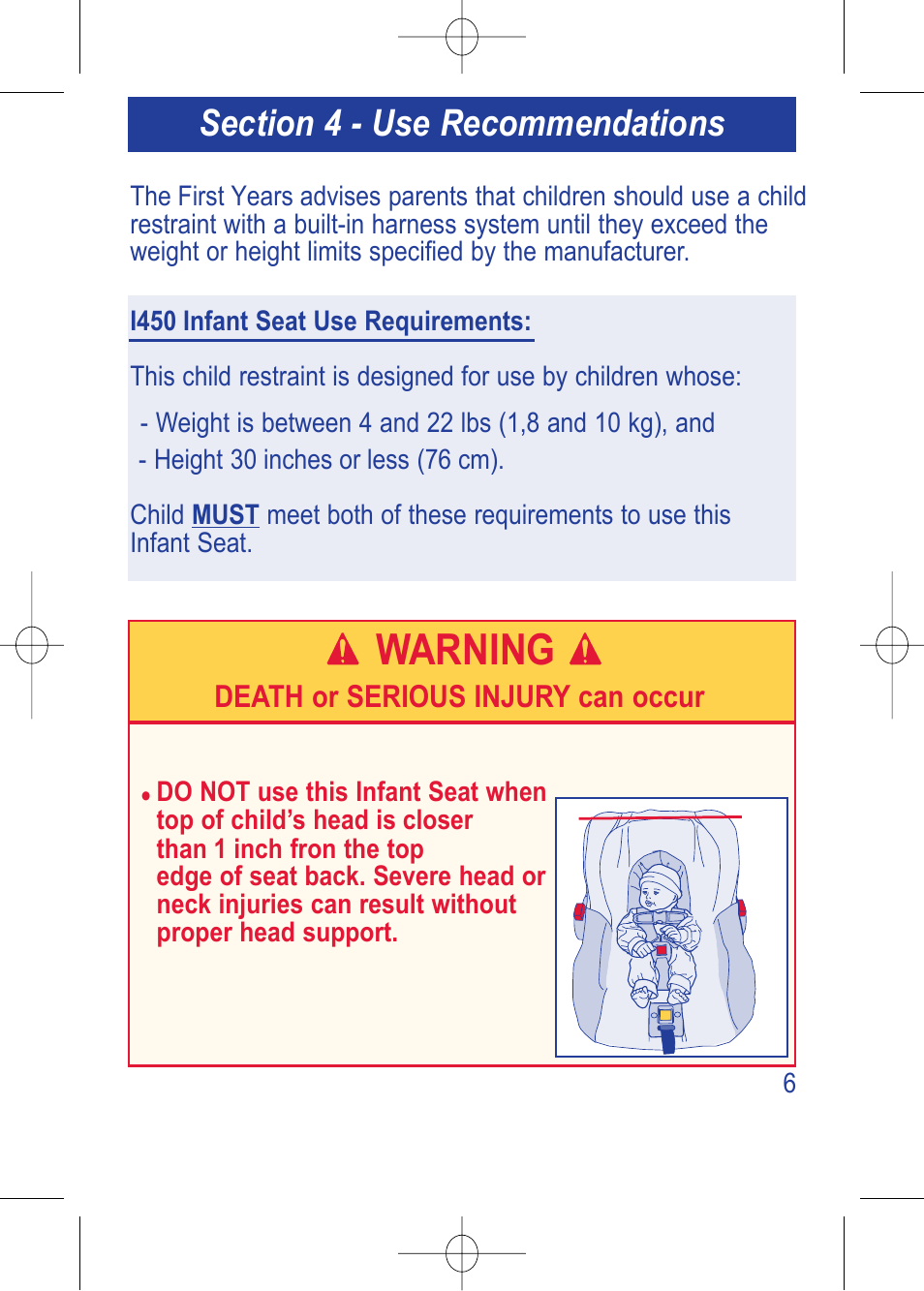 4000000782_i450 instructions__pg6_en.pdf, W arning | The First Years VIA 1450 User Manual | Page 7 / 40