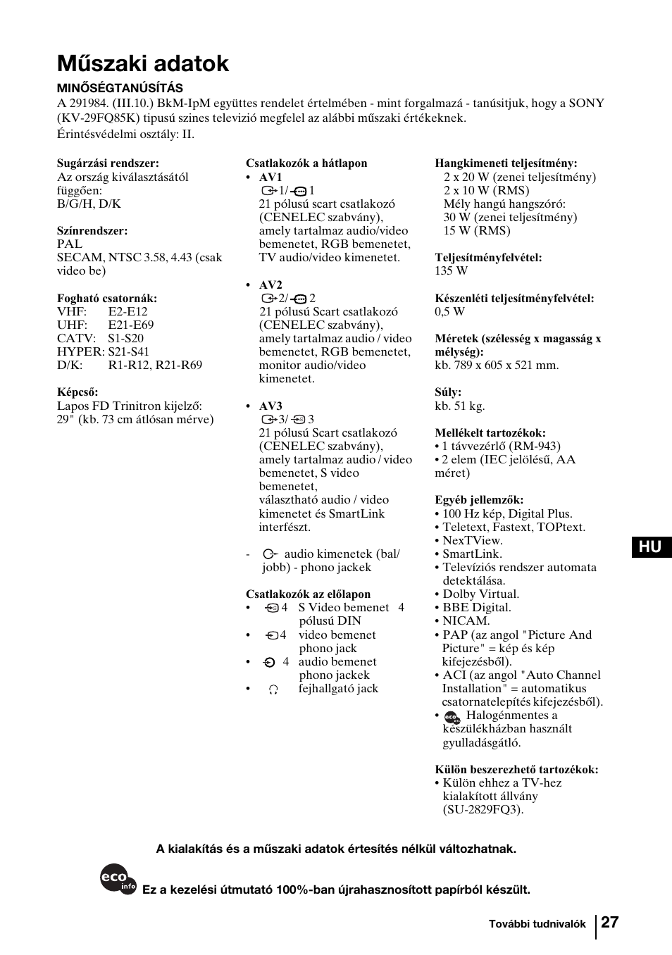 Műszaki adatok, 27 hu | Sony KV-29FQ85K User Manual | Page 107 / 164