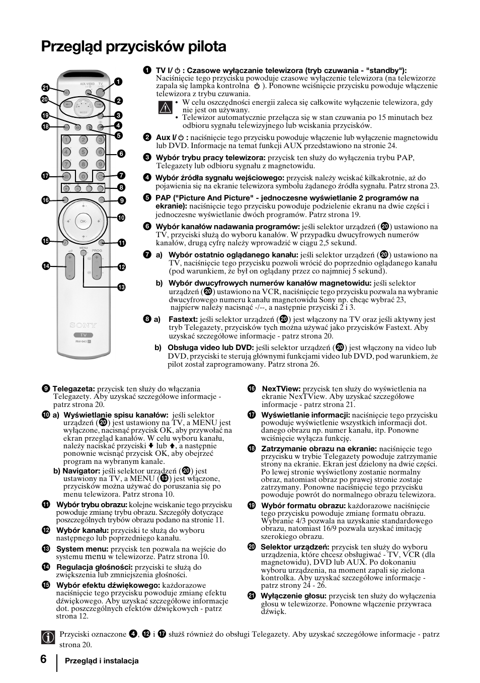 Przegląd przycisków pilota | Sony KV-29FQ85K User Manual | Page 113 / 164