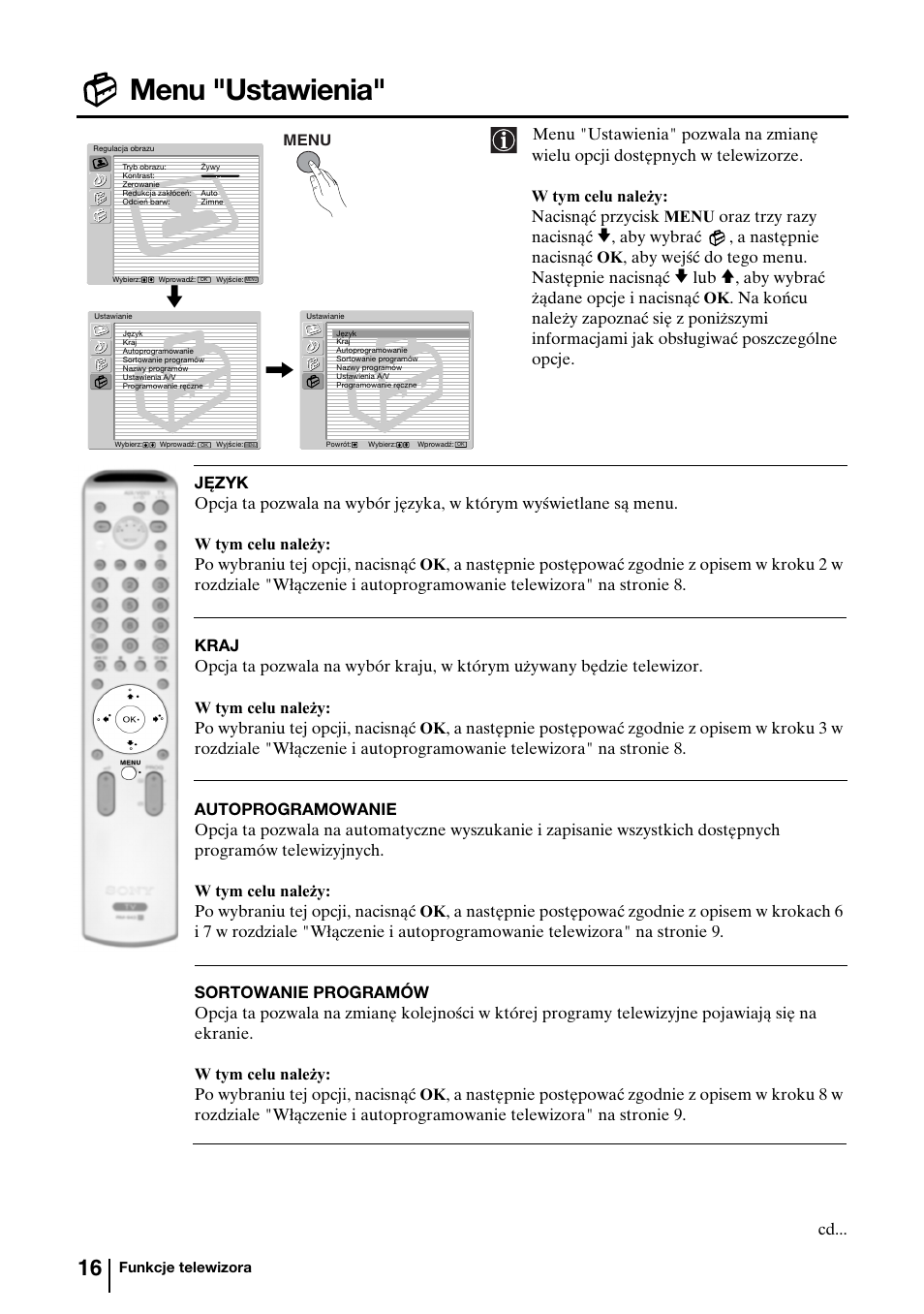 Menu "ustawienia | Sony KV-29FQ85K User Manual | Page 123 / 164