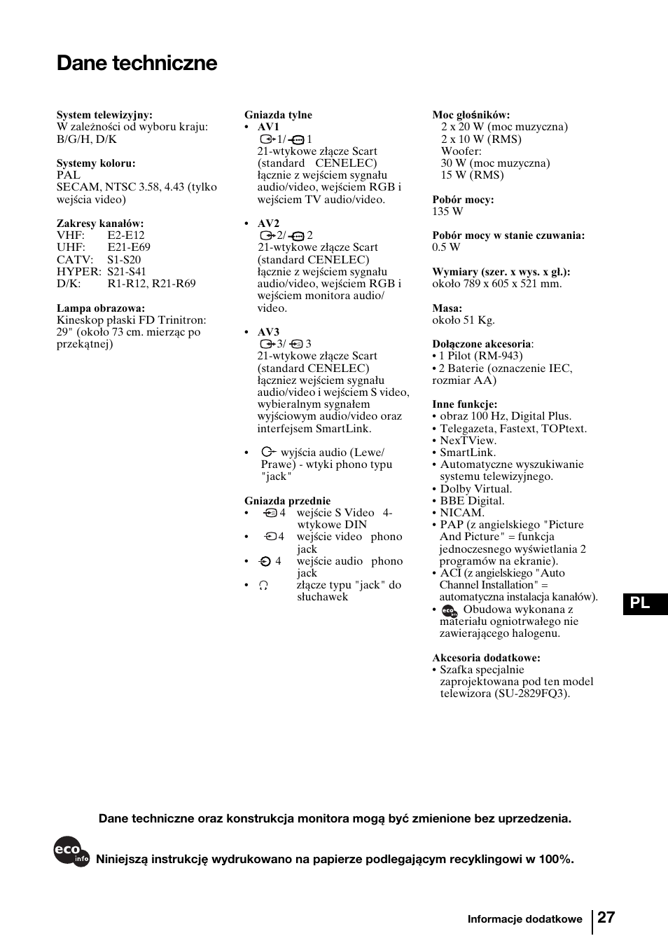 Dane techniczne, 27 pl | Sony KV-29FQ85K User Manual | Page 134 / 164