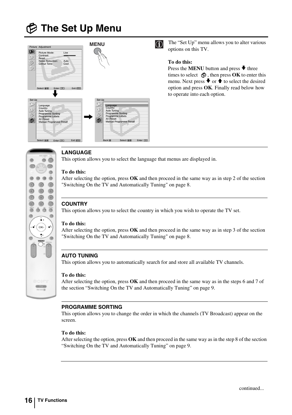 The set up menu, Continued | Sony KV-29FQ85K User Manual | Page 15 / 164
